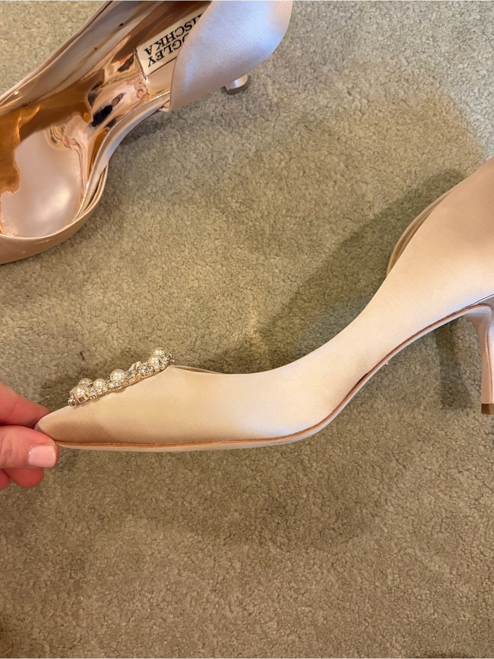 Badgley Mischka Blush Nude Satin Pointed Toe Pumps with Crystal Buckle - Picture 5 of 7
